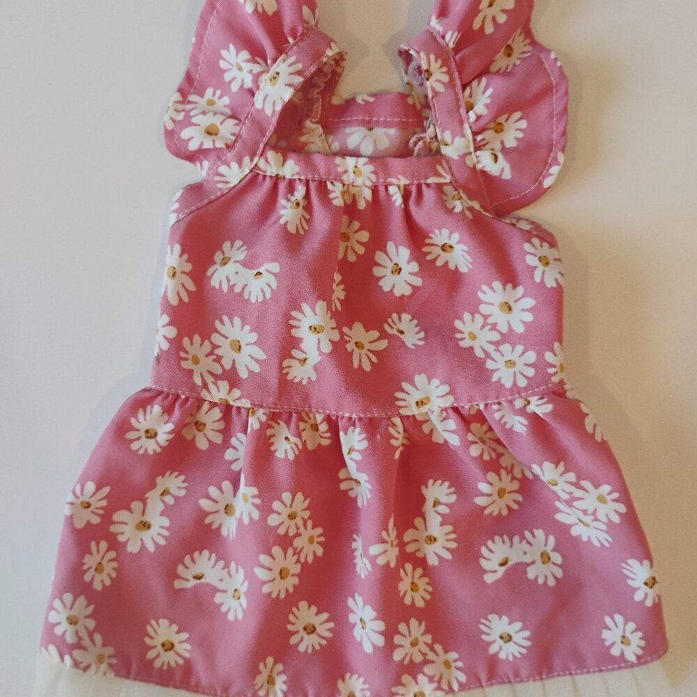 Pink Dog Dress with White Daisies, Ruffle Trim, Size XS